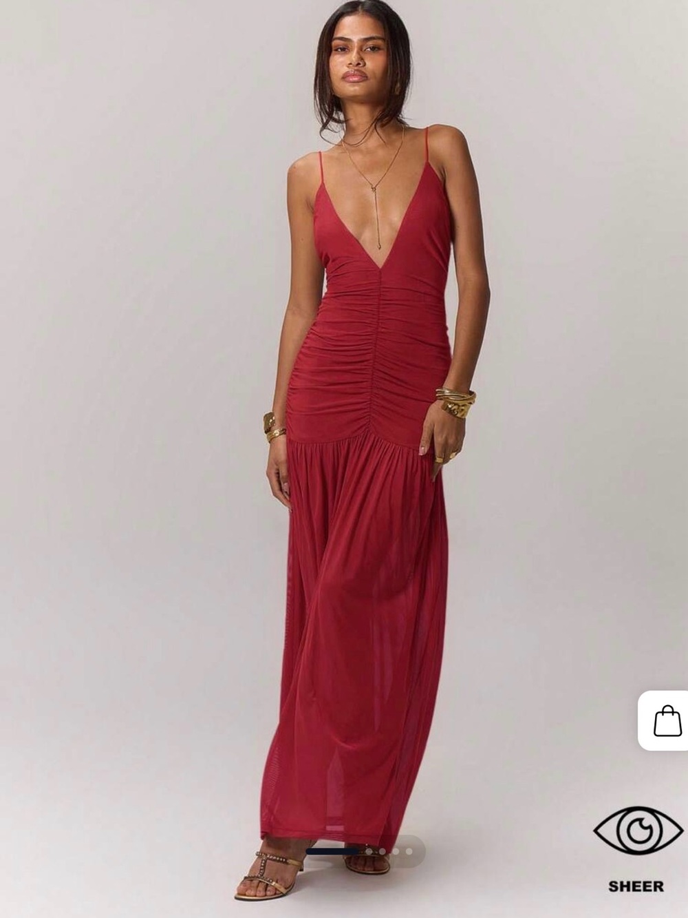 Ruched Sheer V-Neck Maxi Dress - Red